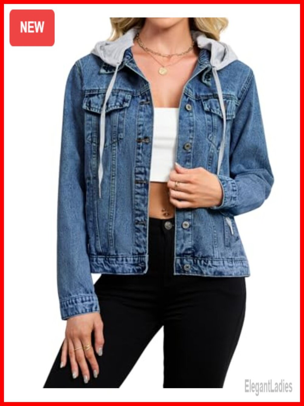Women's Denim Jacket with Detachable Hood - Long Sleeve Casual Western Jean Coat